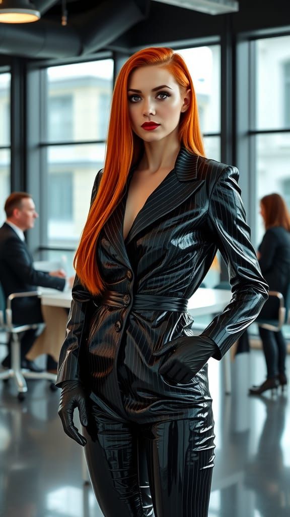 This image features a striking figure exuding confidence and allure in a professional setting. The subject is a woman dr...