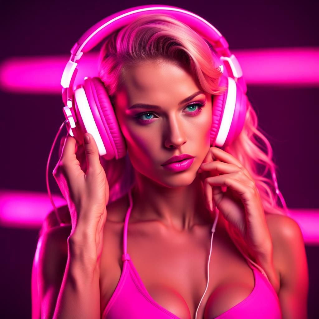 Blonde Girl in Pink Bikini with Synthwave Style