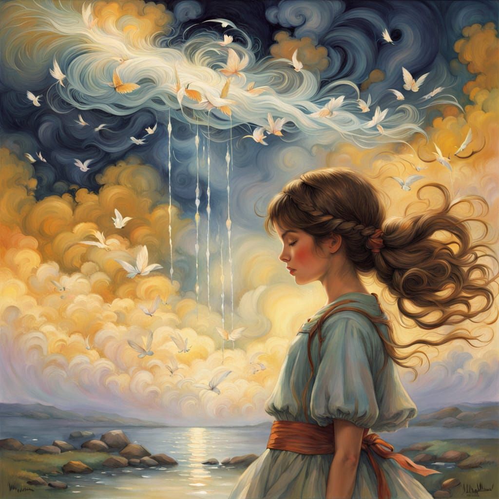 A young girl walking near the ocean in fantasy landscape  .....