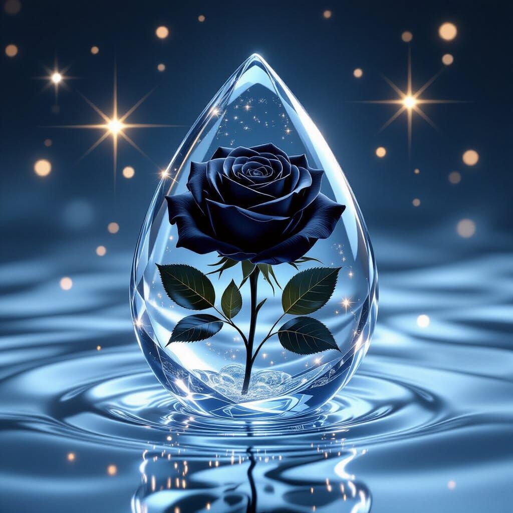 Black Rose in Glass Teardrop Above Silver Water