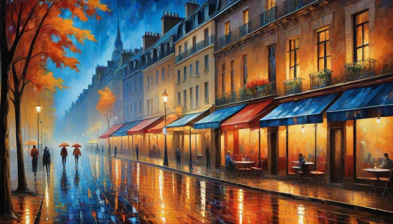 Cozy Parisian Night Café with Rain-Kissed Facade in Neo-Impr...