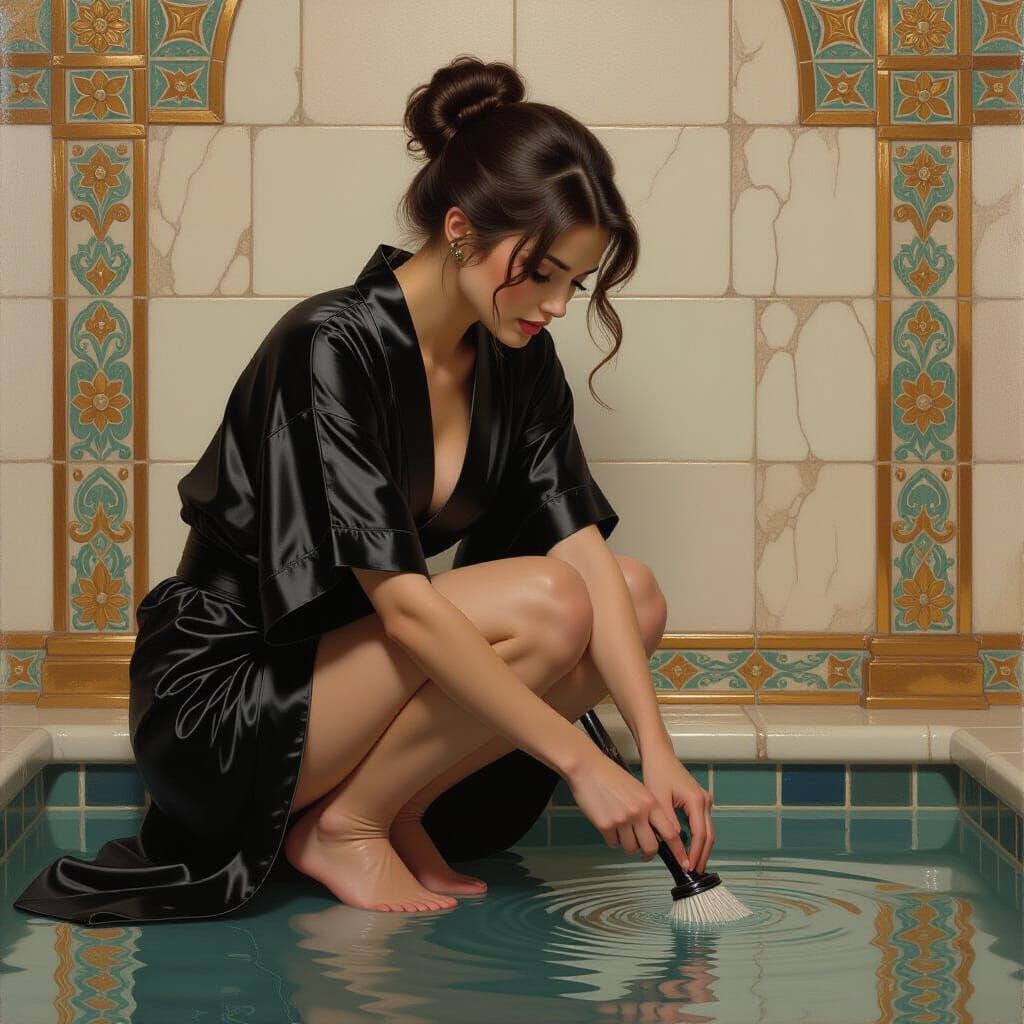 Elegant Maid Cleans Bath Area in Detailed Oil Painting