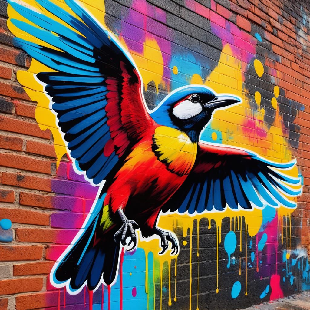 Brightly covered bird in graffiti art, splash art, street ar...
