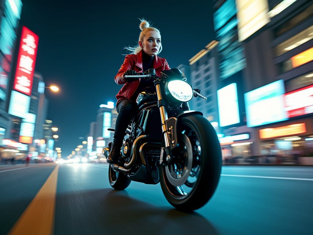 Vampire Biker in Neon Cityscape, Cinematographic Style