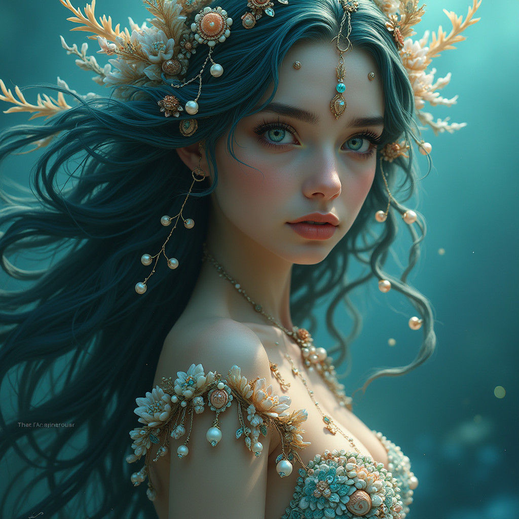Ethereal Ocean Goddess Portrait in Art Nouveau Style