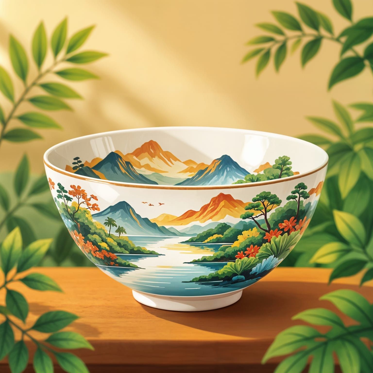Ceramic Bowl Painted with Island Nature Scene