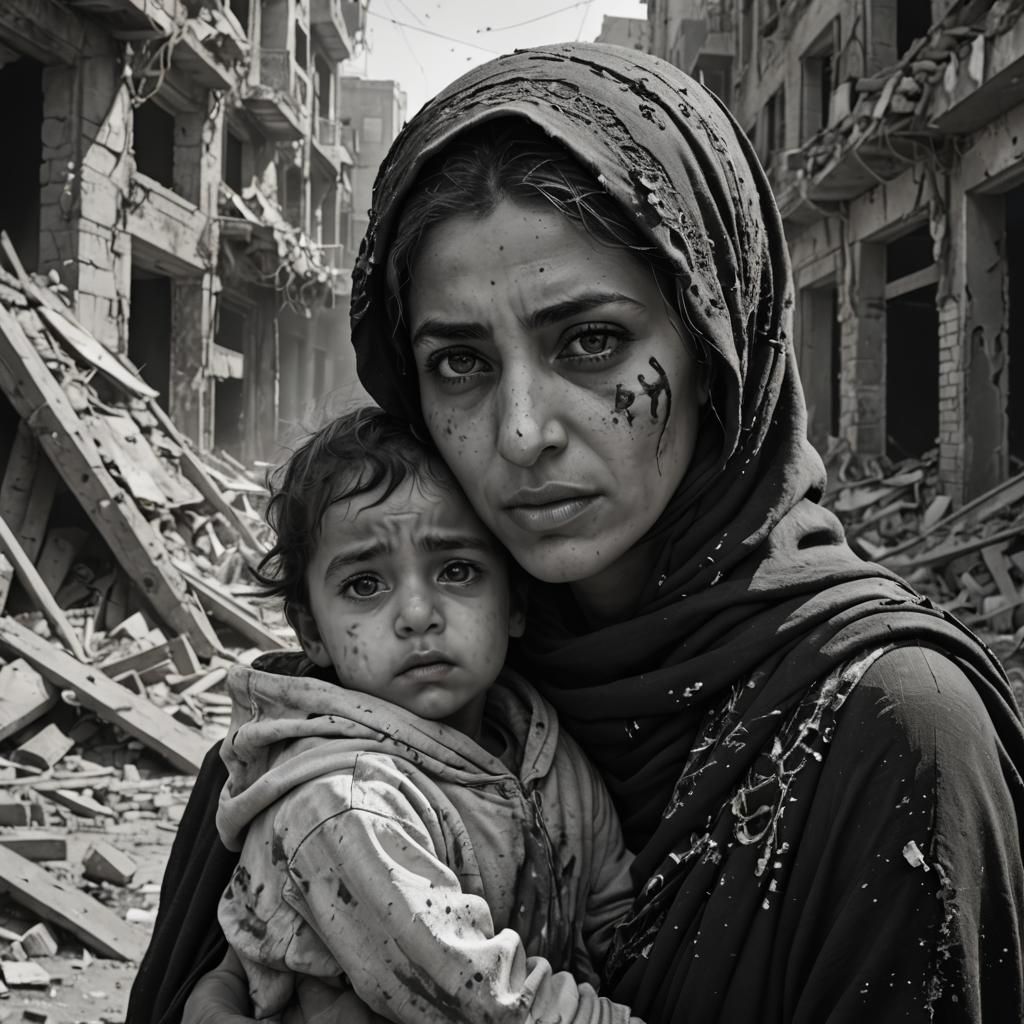 Arab Mother and Child in War-Torn City