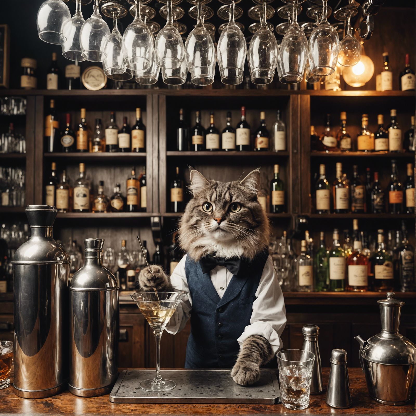 Anthropomorphic Cat Bartender in Vintage Bar