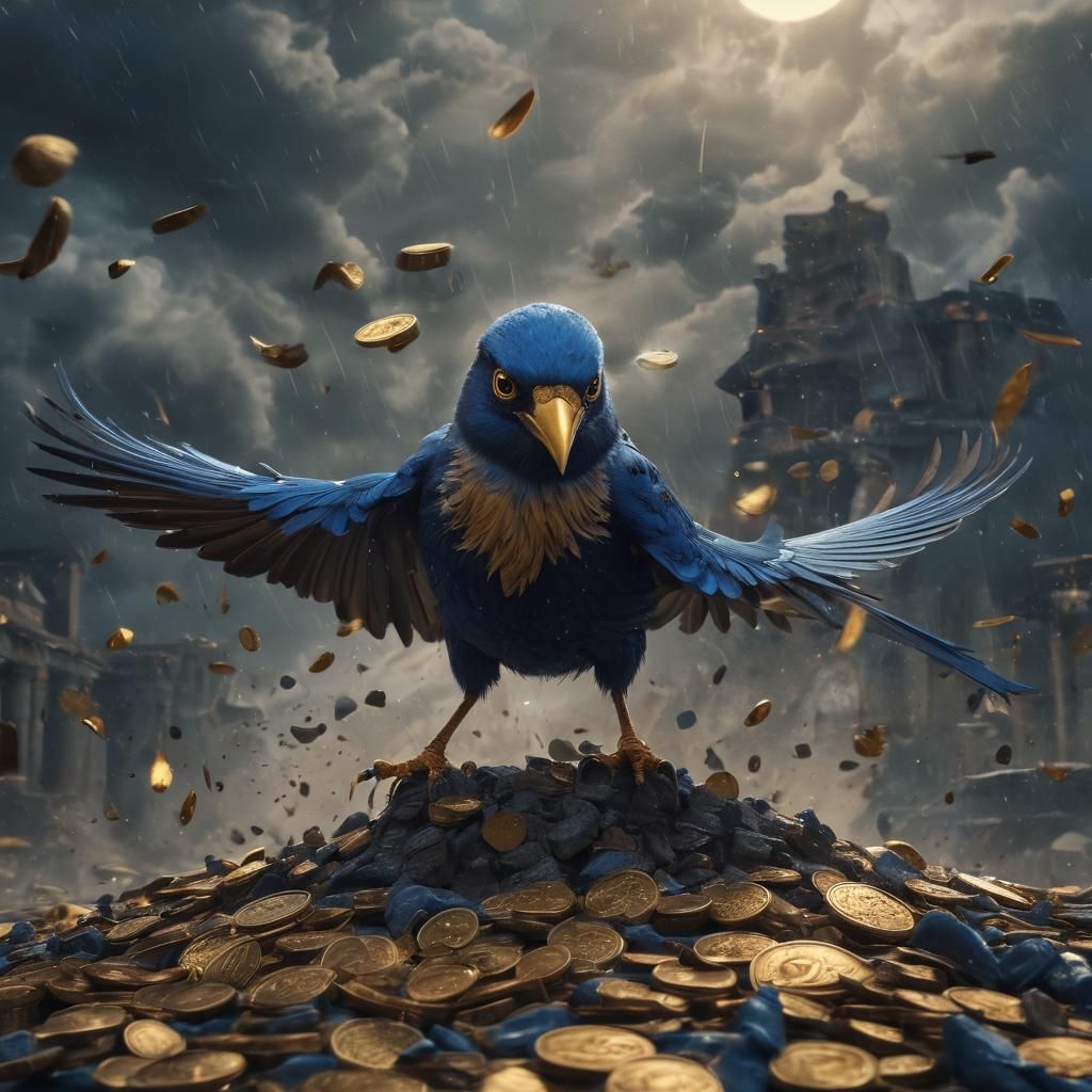 Furious Blue Bird Guarding Treasure in Storm