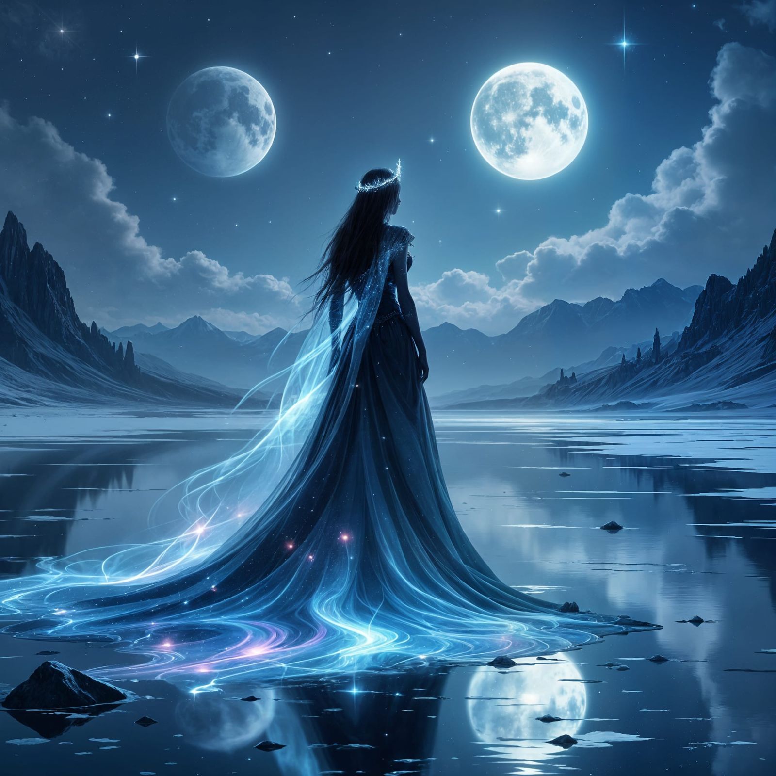 Cosmic Queen on Frozen Lake Under Twin Moons
