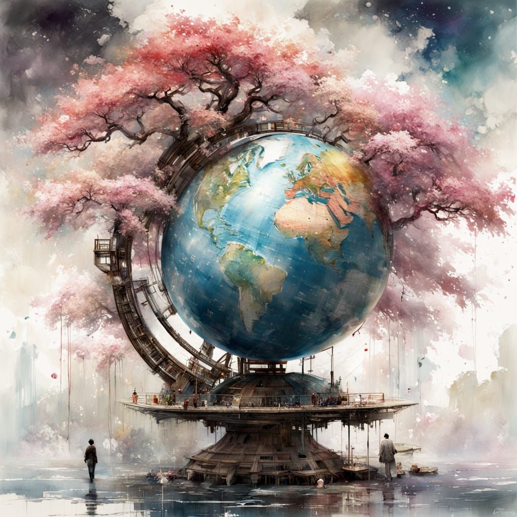 Watercolor Globe with Galaxy and Cherry Blossoms