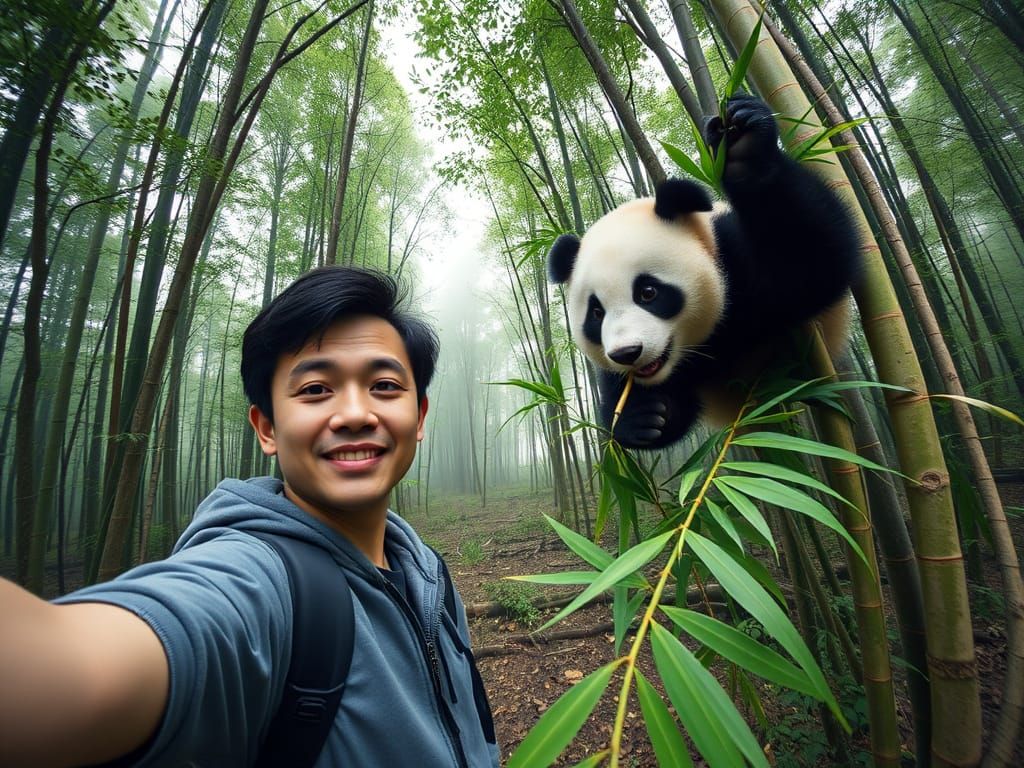 Asian Person Takes Selfie With Panda in Misty Forest