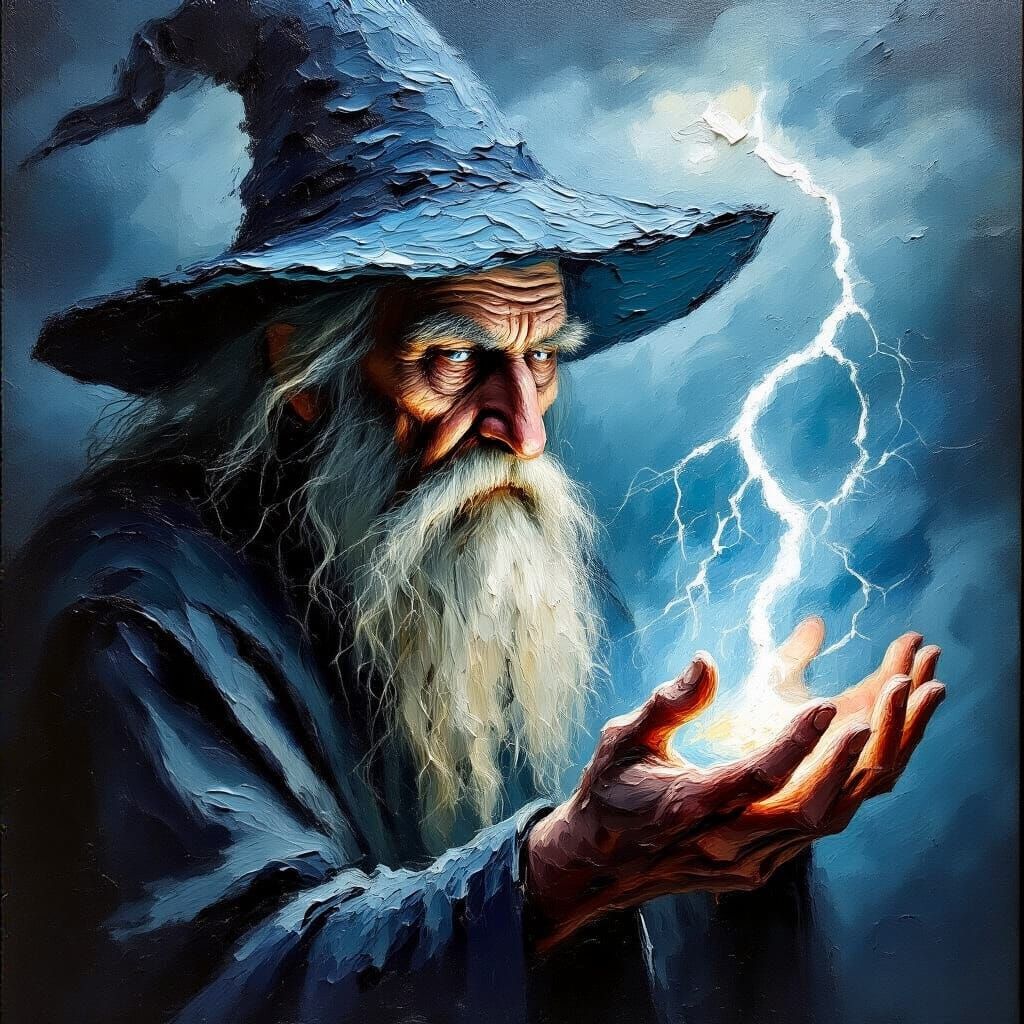 Old Wizard Conjures Storm in Textured Oil Painting