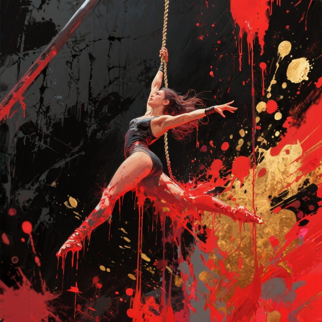 Female Acrobat on Trapeze in Abstract Expressionist Style