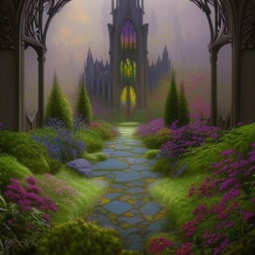 Ethereal gothic Garden with Natural oasis in the middle& gothic vibes& ethereal vibes& dark fantasy vibes& fantasy vibes...