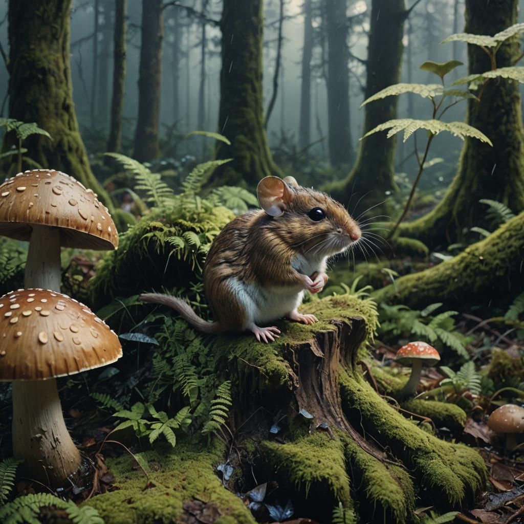 Forest Mouse in Mushroom Cap: Cinematic Film Still