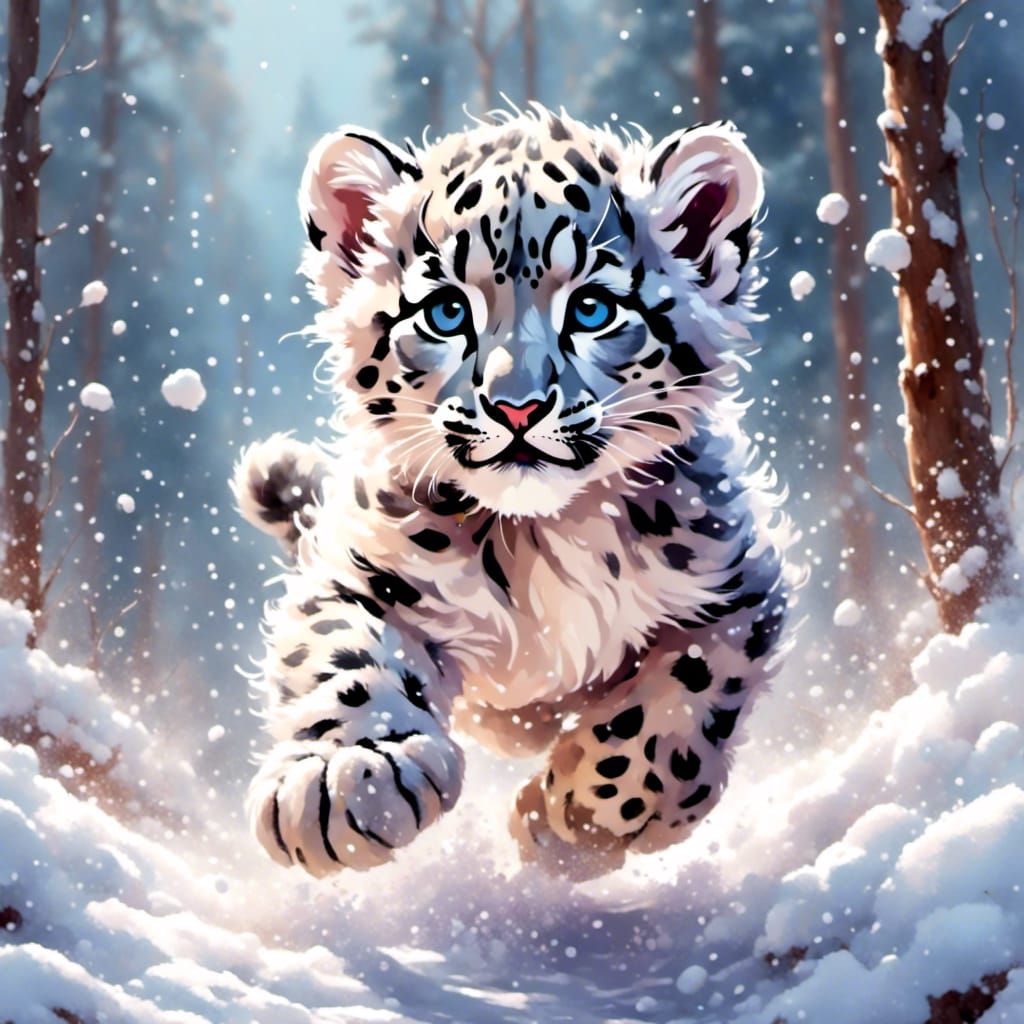 Snow Leopard Cub Jumps in Winter Snowstorm