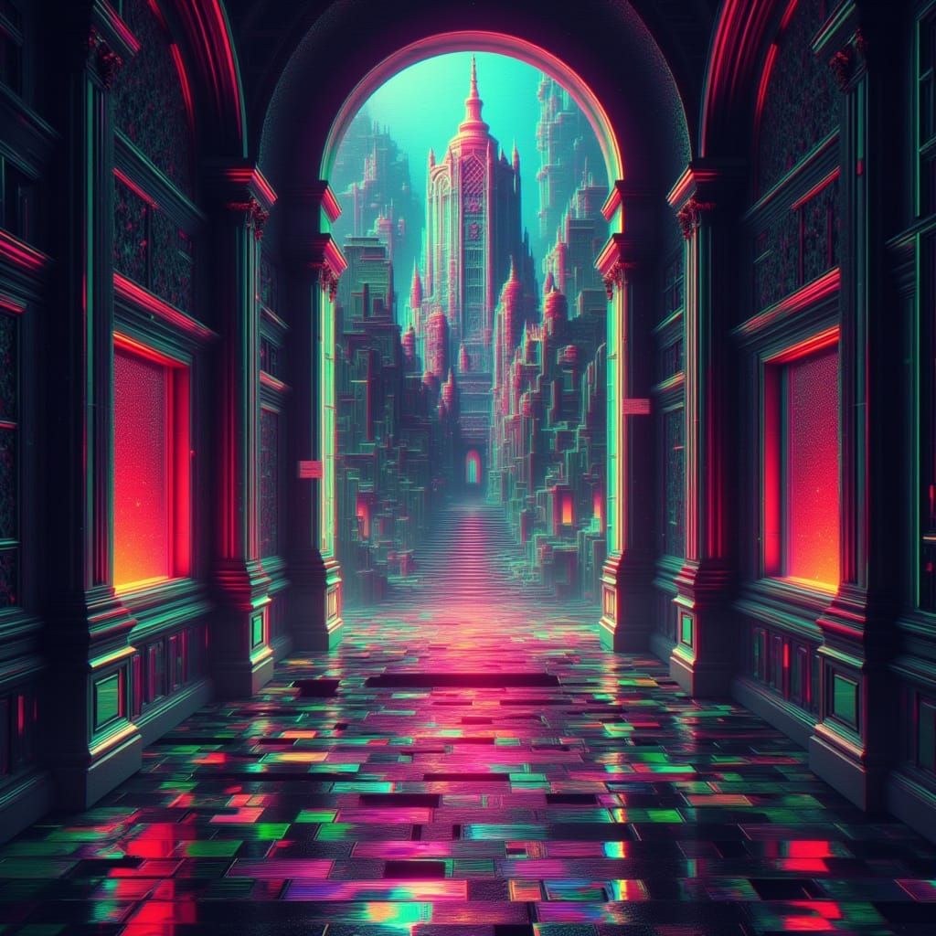 Glitching Prismatic Citadel Interior with Star Vistas