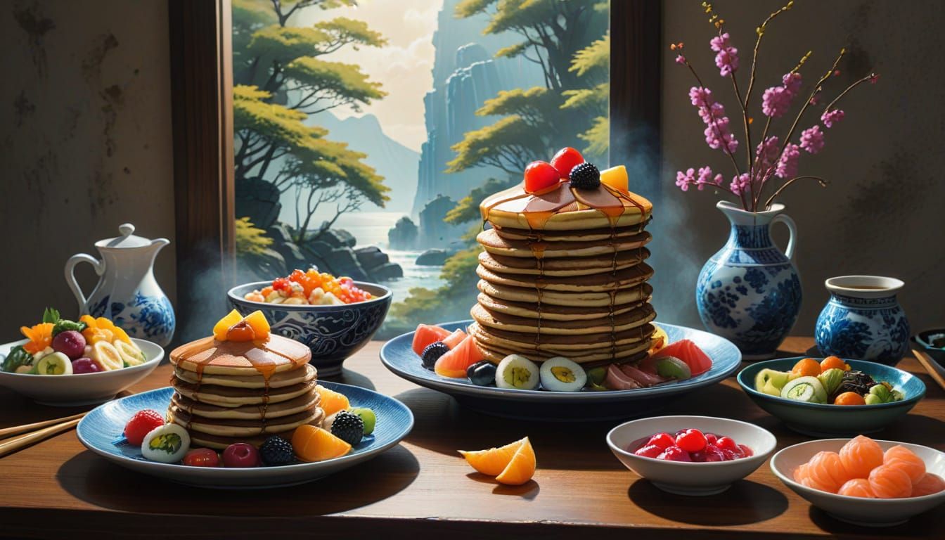 Pancakes, Sushi, and Fruit in Anime Style