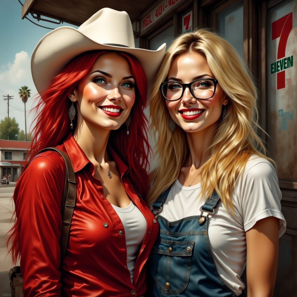 Women Outside 7 Eleven in Oil Painting Style