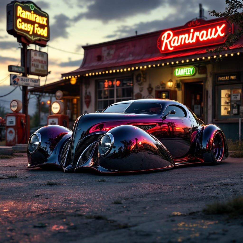Surreal Art Nouveau Car Scene in Retro Gas Station