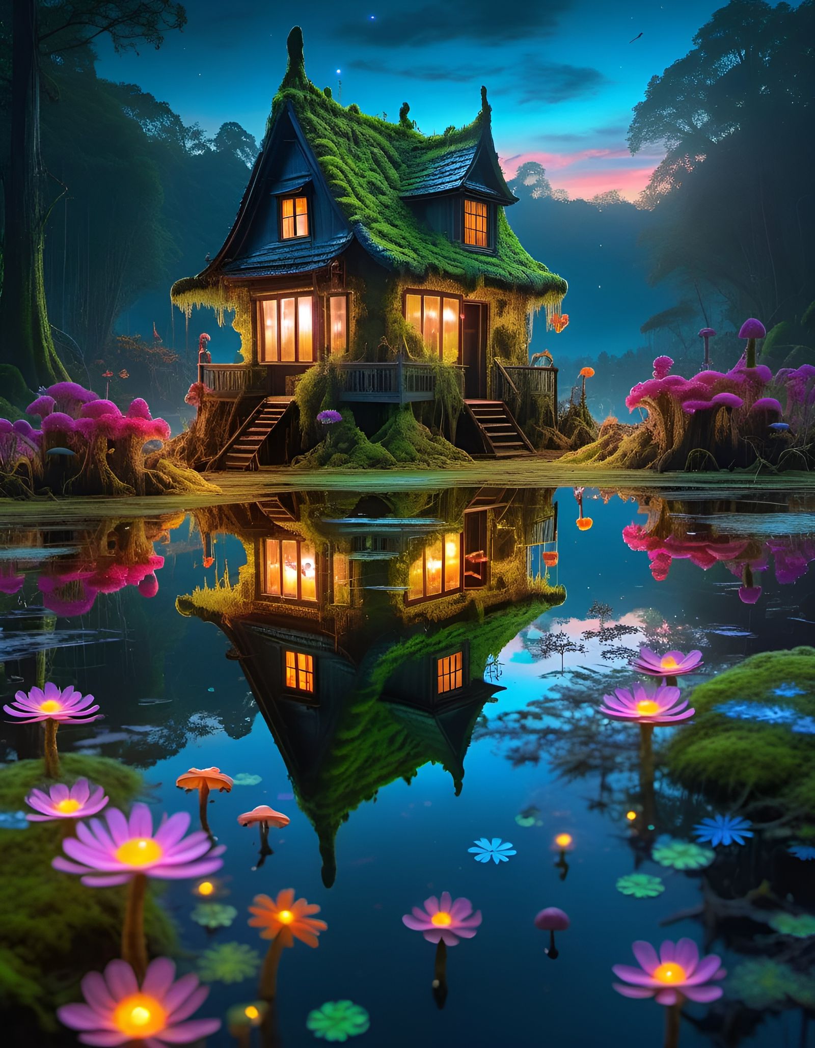 Bioluminescent Swamp Village at Sunset