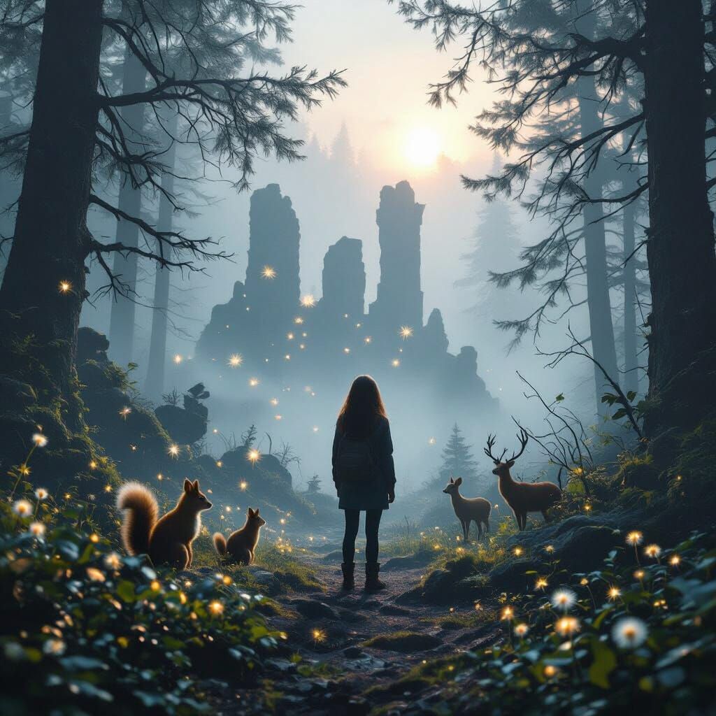 Lost Girl in Alien Forest with Gentle Wildlife