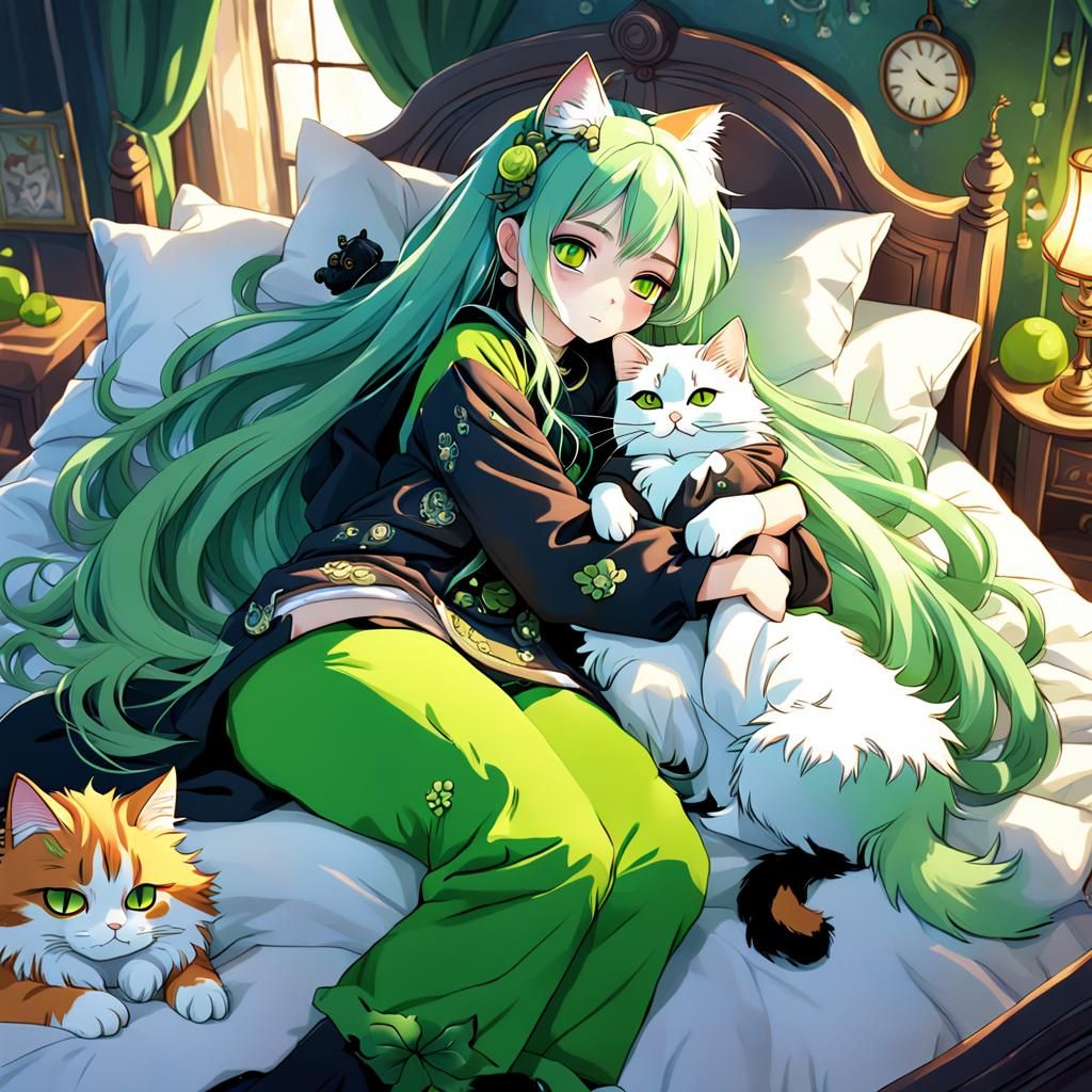 Anime Girl with Calico Cat, Detailed Digital Art