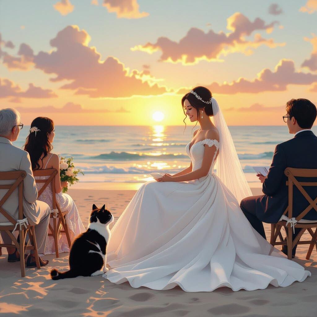 Beach Wedding with Bride, Cat, and Sunset in Whimsical Style