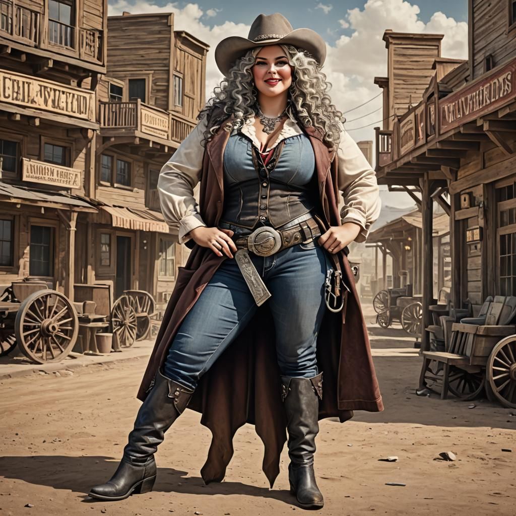 Curvy Gunslinger in Western Town
