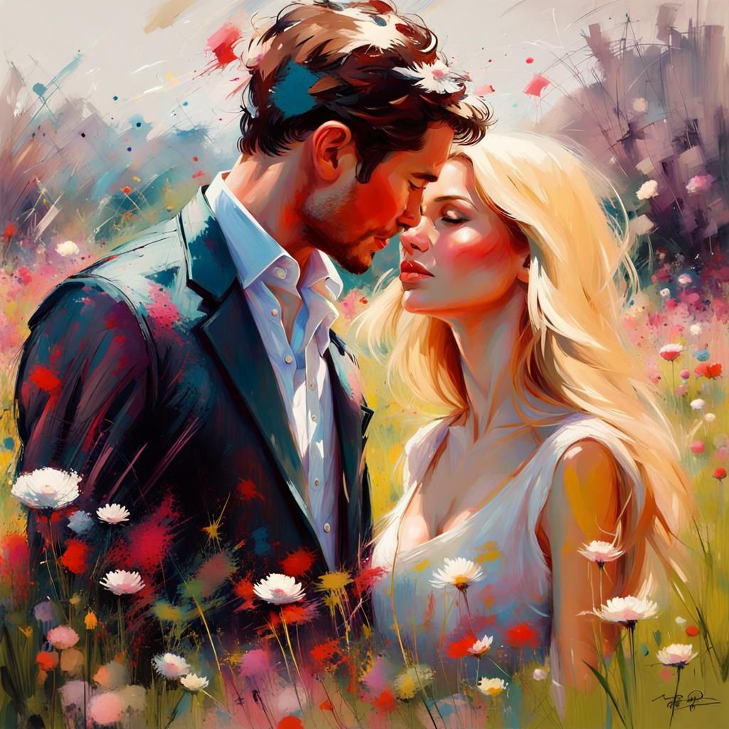 Romantic Couple in Sunny Meadow, Expressive Painting