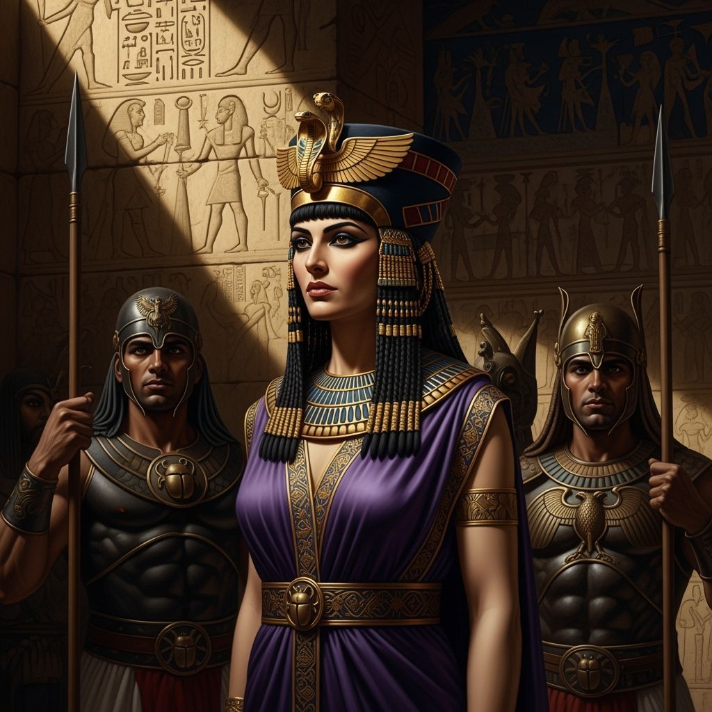 Cleopatra's Regal Portrait with Guards in Chiaroscuro