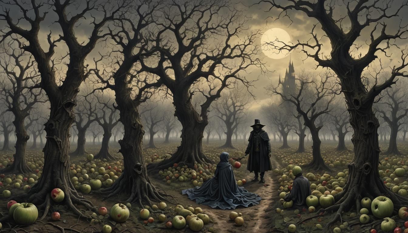 Gothic Horror Poison Apple Orchard in Dorรฉ Style