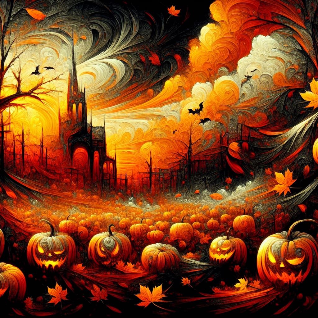 Creepy Halloween Landscape with Pumpkins, in Baroque Style