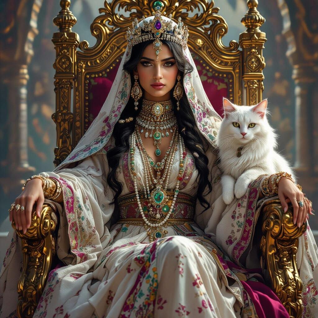 Arab Queen on Golden Throne with White Cat