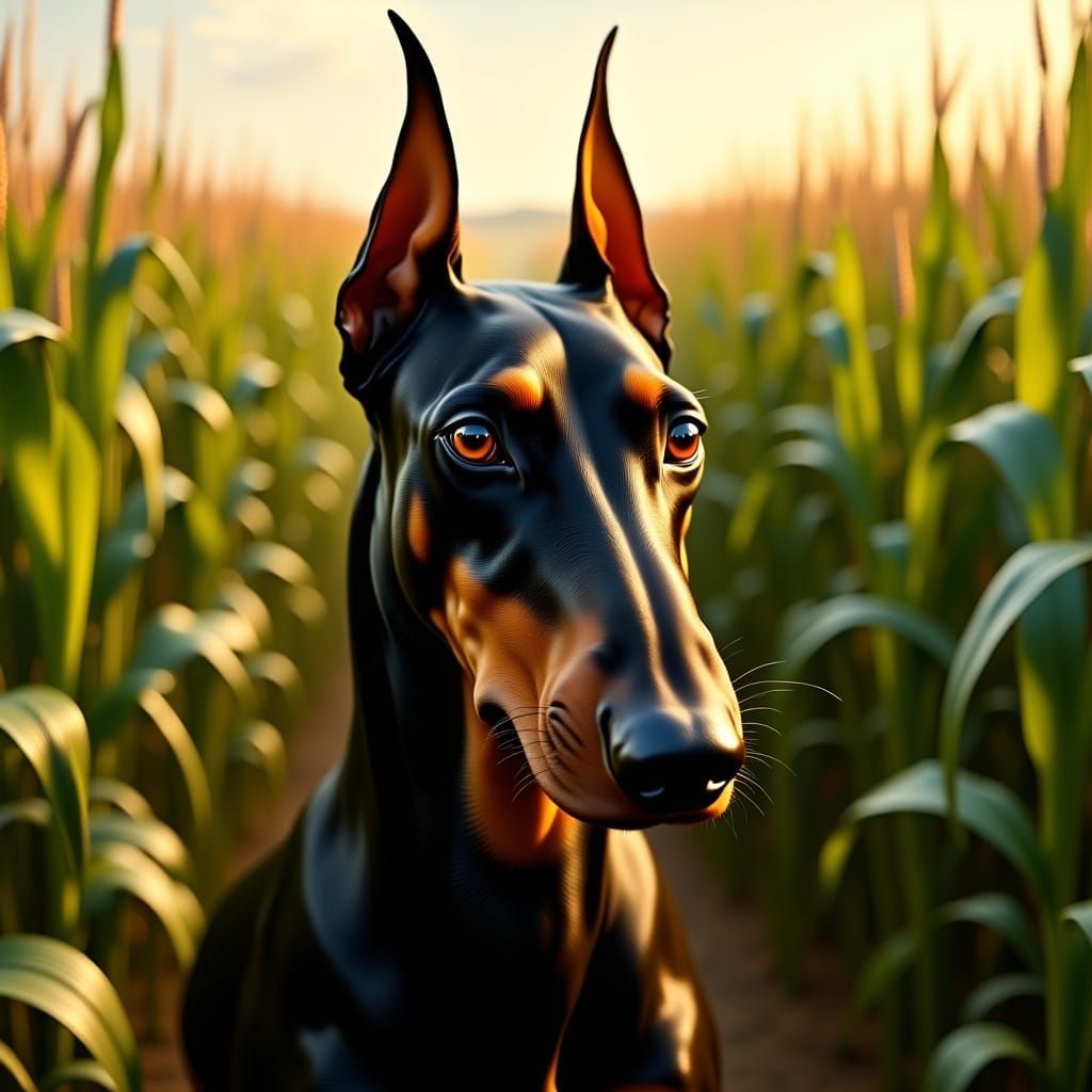 Surprised Doberman in Cornfield, Photorealistic Style