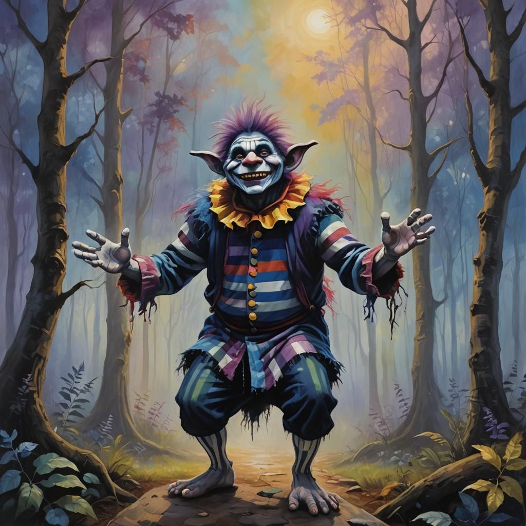 Troll Mime Performing in Moonlit Forest as Oil Painting