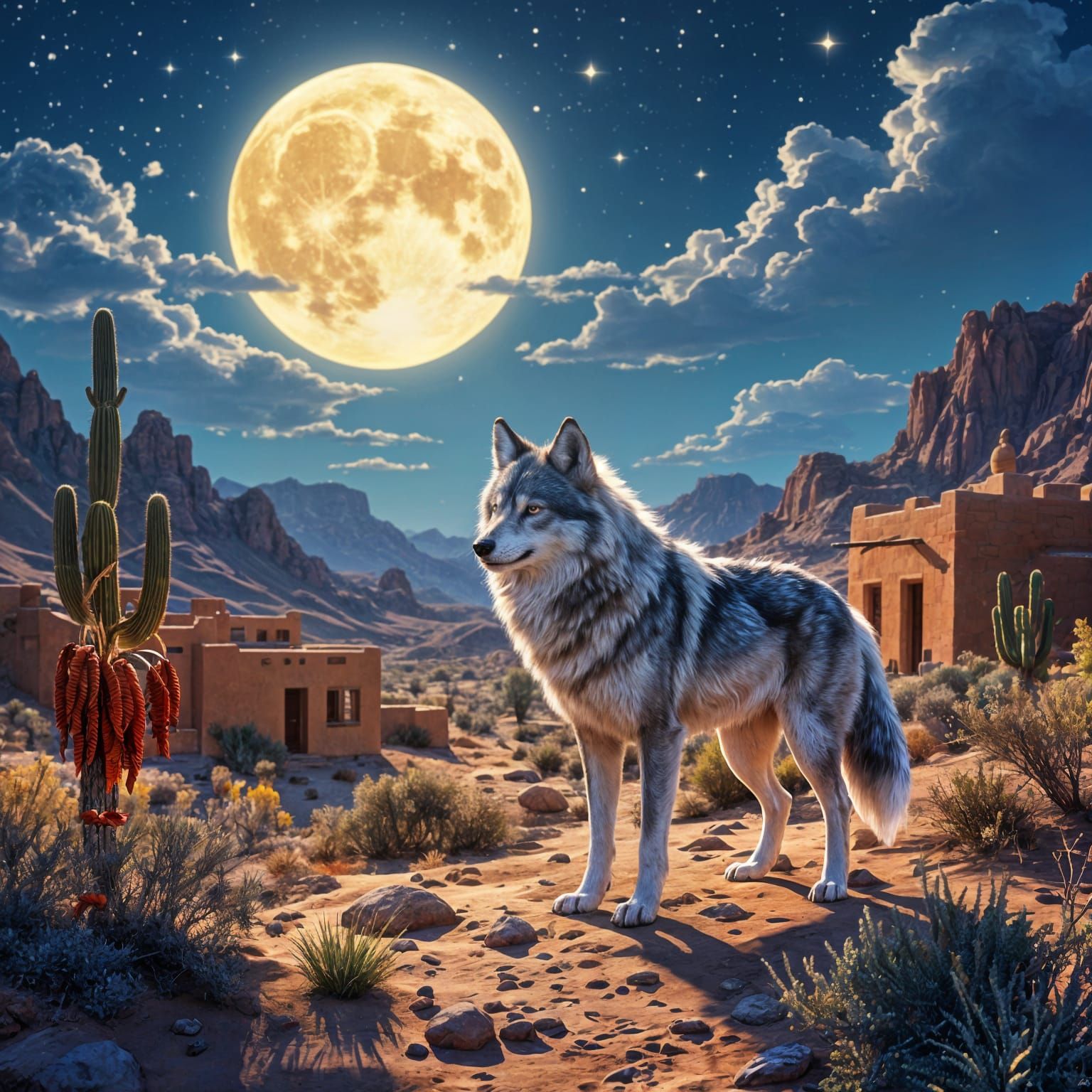 Wolf in Mystical Desert Moonlight: 3D Anime Art