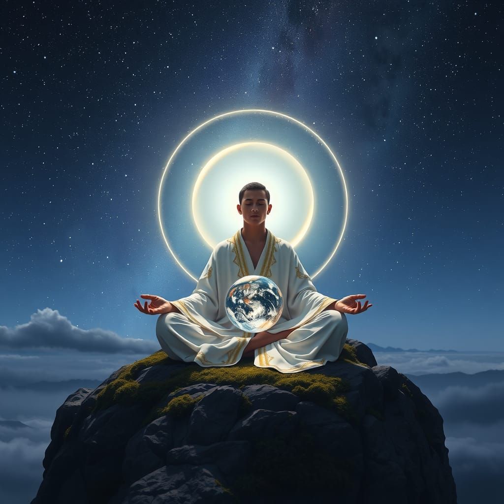 Meditative Figure with Crystal Ball Under Starry Sky