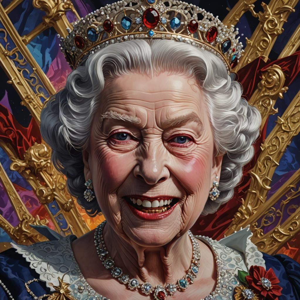 Hyperrealistic Queen Elizabeth with Vampire Teeth