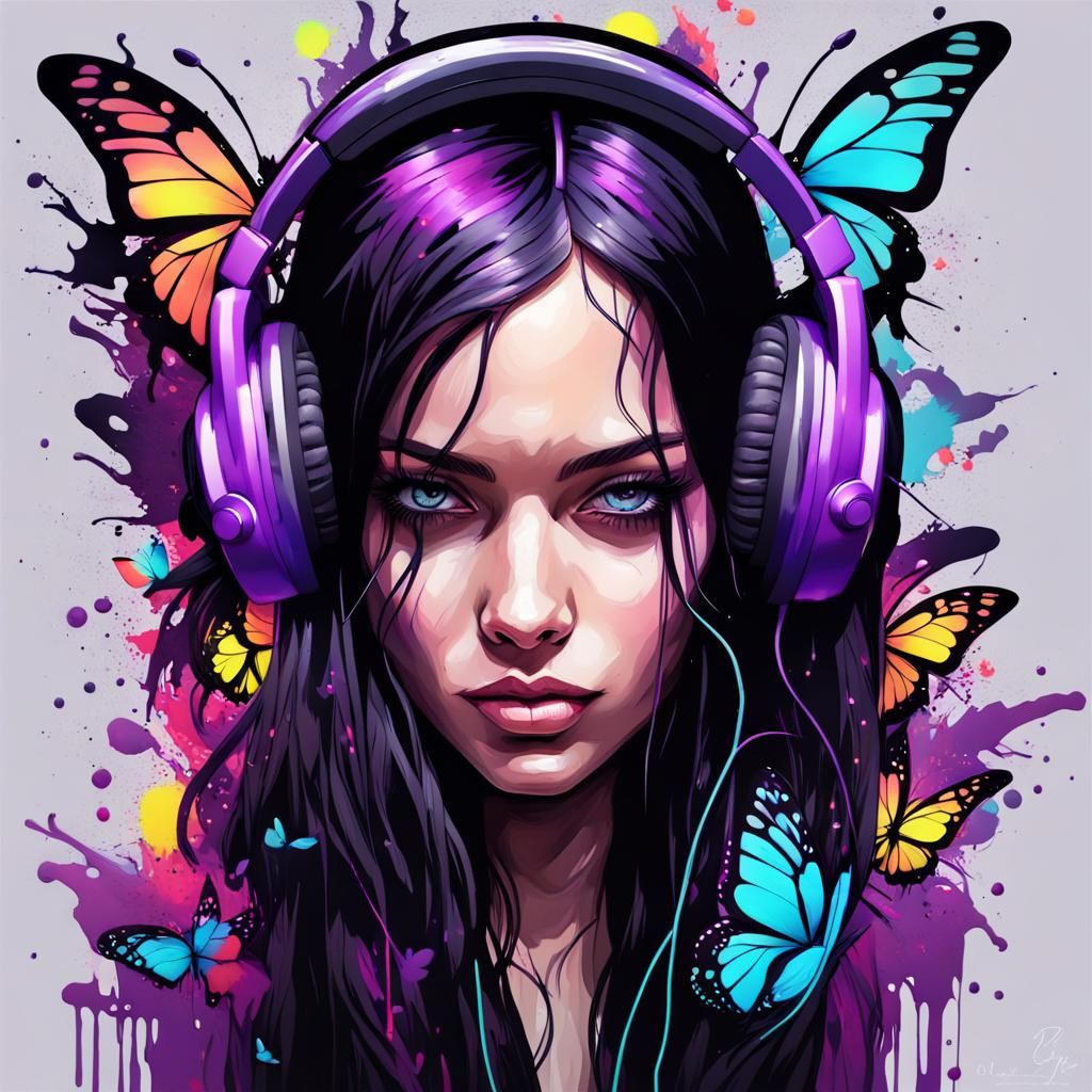 Girl with Neon Butterflies in Graffiti Art