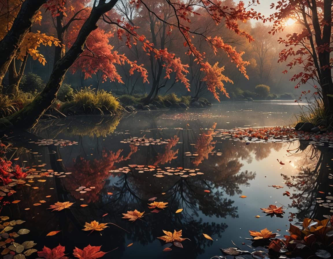Autumn Leaves Reflect Red Sunrise in Pond