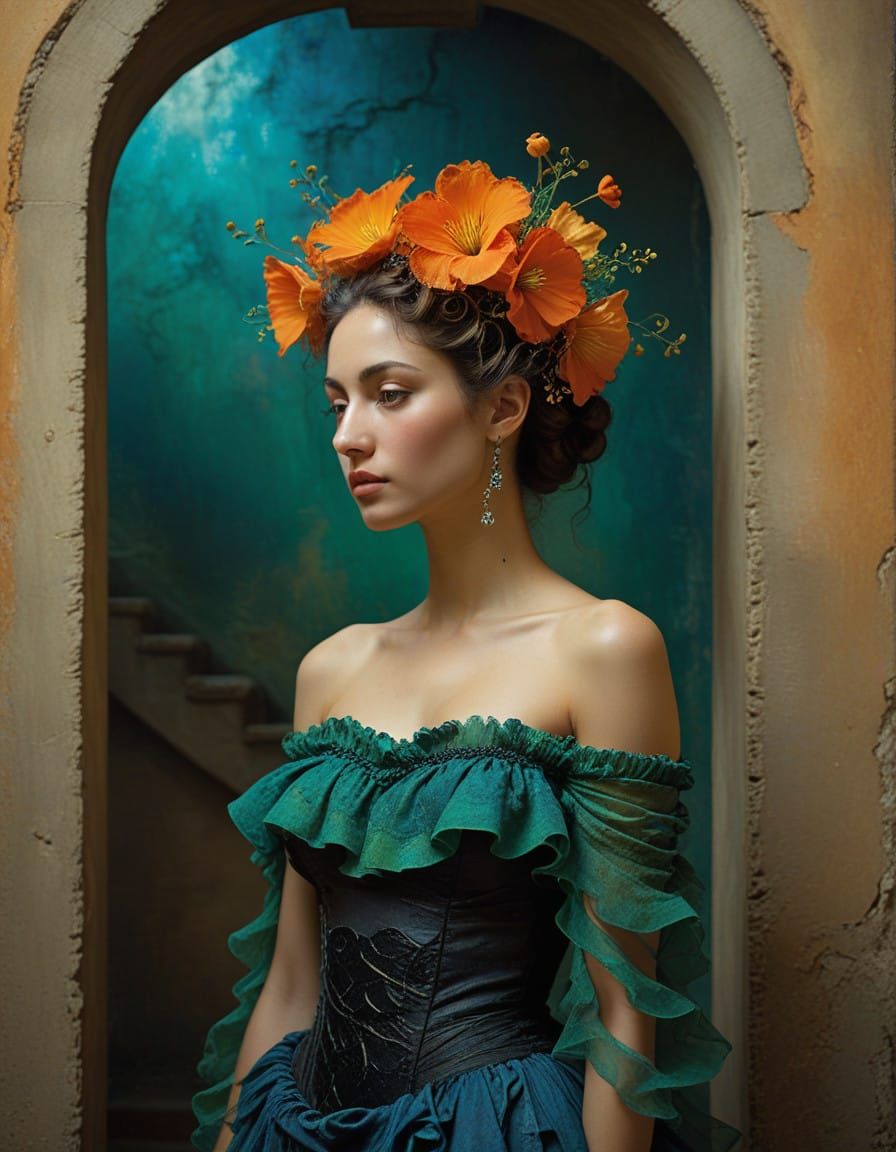 Dreamlike Woman Ascends Grand, Petal-Like Staircase in Surre...