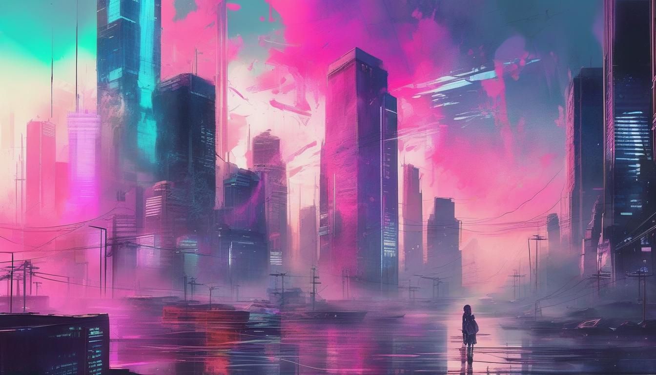 Mystical Cyberpunk Morning in Watercolor Ink Style