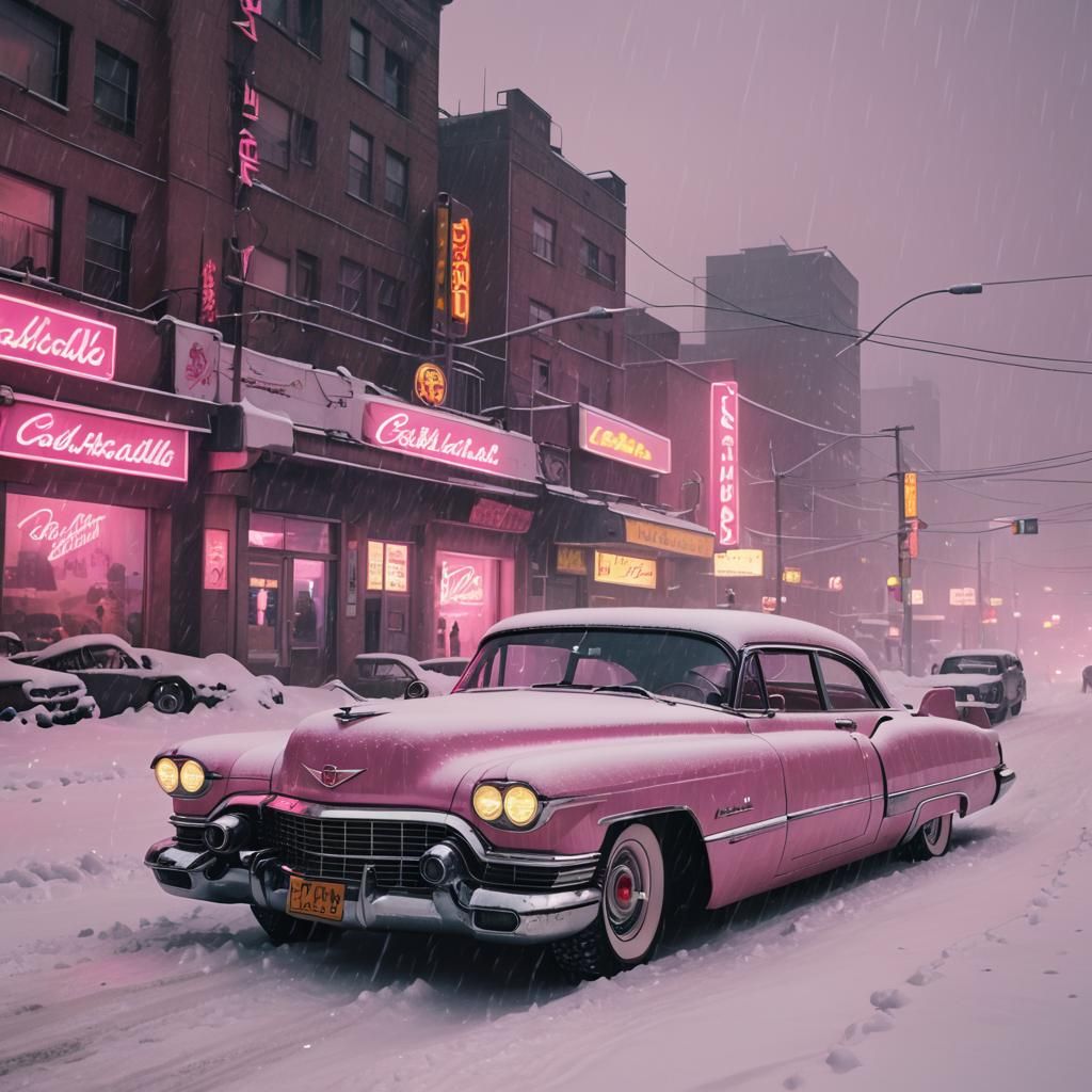 Pink 1950s Cadillac in Snow, Cyberpunk Neon Style