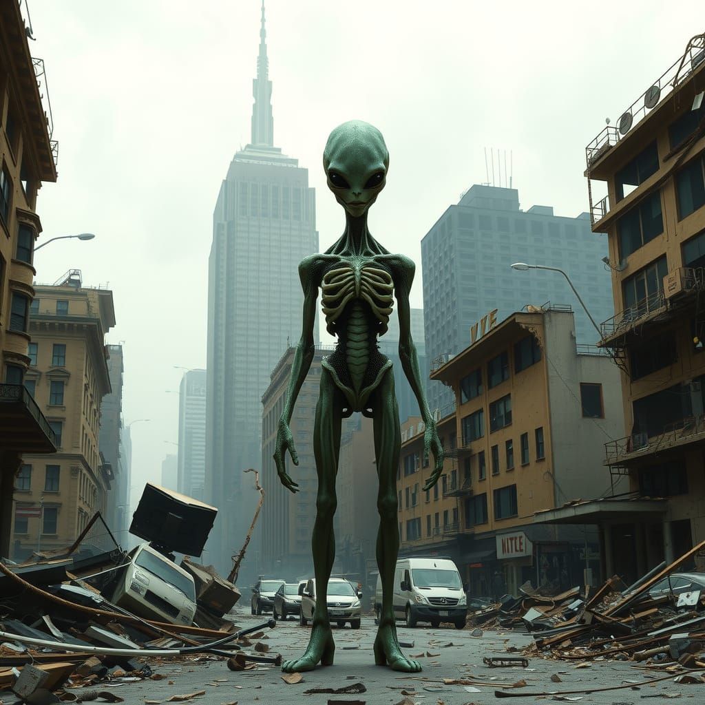 Dystopian Andromorphic Alien in Ruined Cityscape