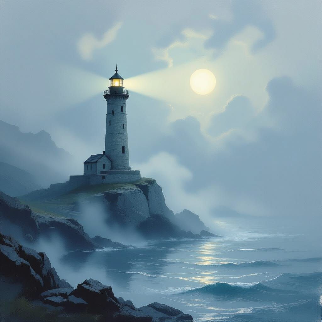 Ethereal Foggy Lighthouse Beam on Calm Sea