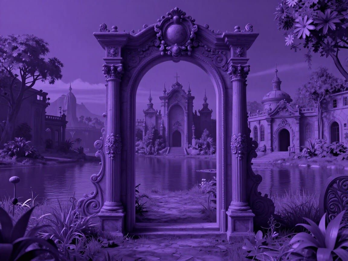 Purple Baroque Portal in Fantastical Landscape