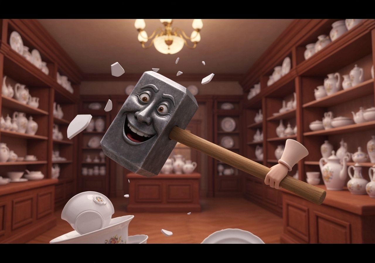 Joyful Sledgehammer Smashes Porcelain in Animated Style