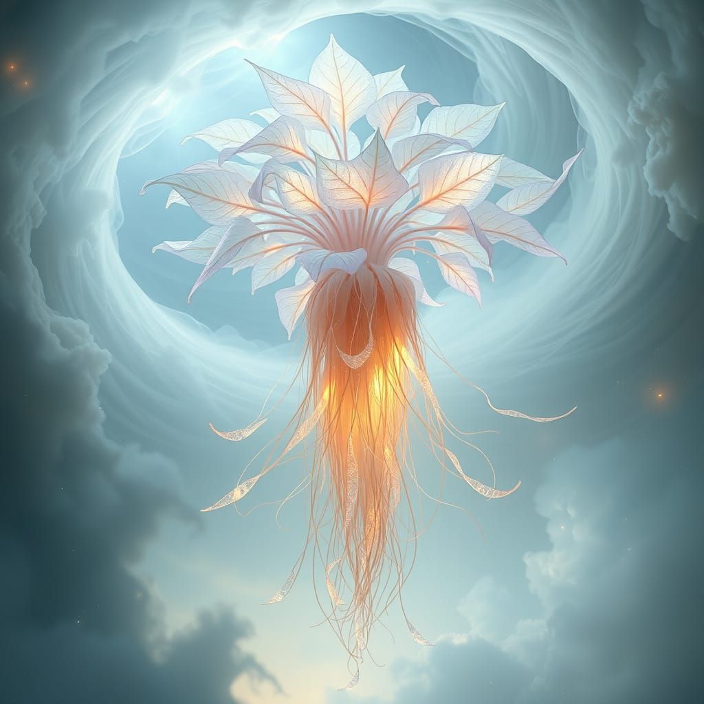 Glowing, Ethereal Plant Suspended in Celestial Vortex